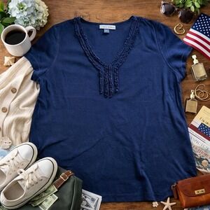 Y2K American Living Wms Tee Shirt XL Navy Blue Ruffle V-Neck Cotton Cap Sleeve